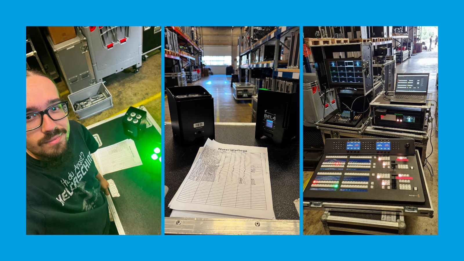 Collage aus drei Bildern: unser Azubi Jan, unsere Materialpflegeliste, unser Bildmischer